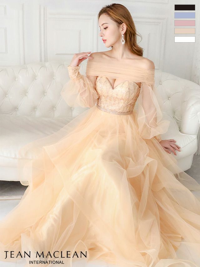 キャバドレス ロングドレス [JEANMACLEAN/ジャンマクレーン] 高級オフショルダーシースルー長袖バストカットバースデーAラインロングドレス