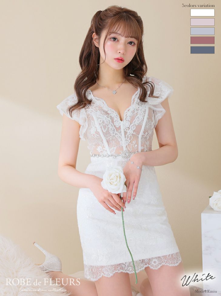 キャバドレス ミニドレス [ROBEdeFLEURS/ローブドフルール] 高級総レースウエストビジューノースリーブ台形フレアドレス