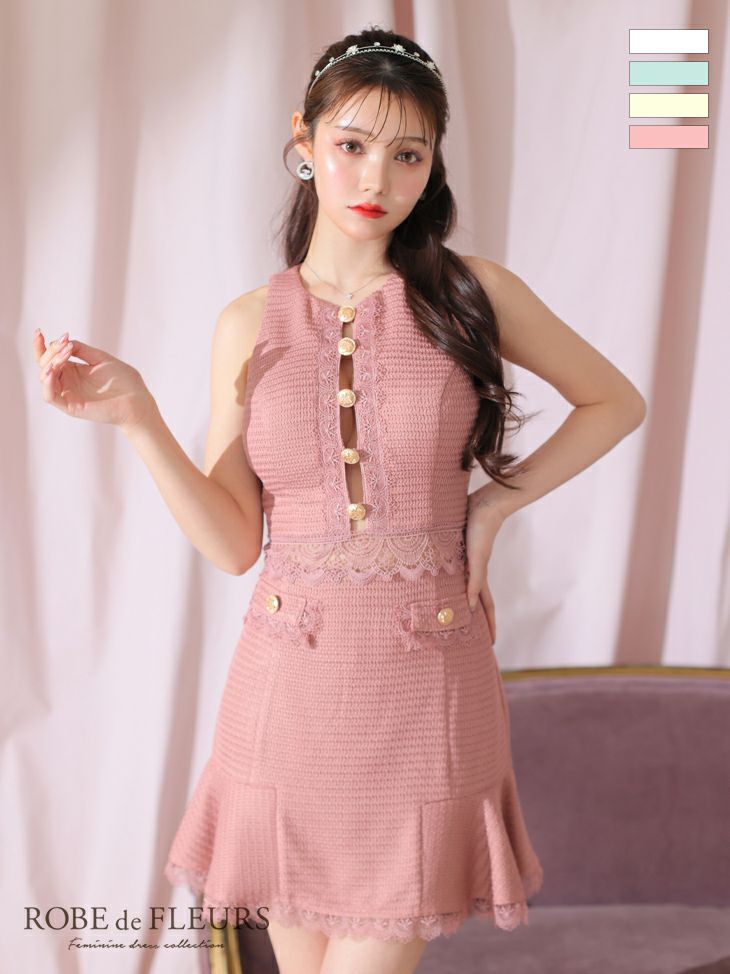 キャバドレス ミニドレス [ROBEdeFLEURS/ローブドフルール] 高級ノースリーブボタンデザインセットアップスカラップレースフレアミニドレス