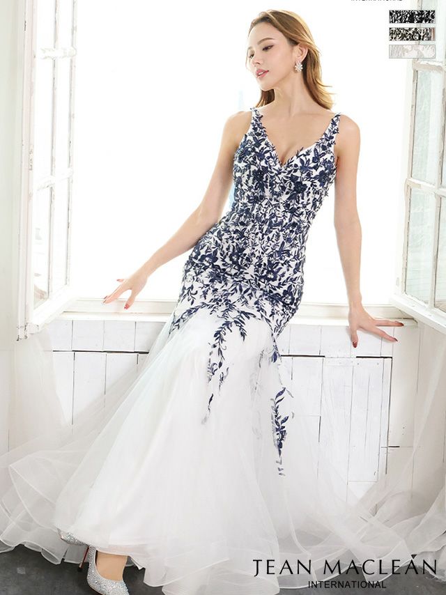 キャバドレス ロングドレス [JEANMACLEAN/ジャンマクレーン] 高級リーフデザインノースリーブマーメイドチュールバック編み上げロングドレス