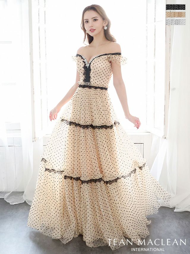 キャバドレス ロングドレス [JEANMACLEAN/ジャンマクレーン] 高級オフショルダードット柄ビジューフリル袖編み上げレースバースデーチュールフレアロングドレス