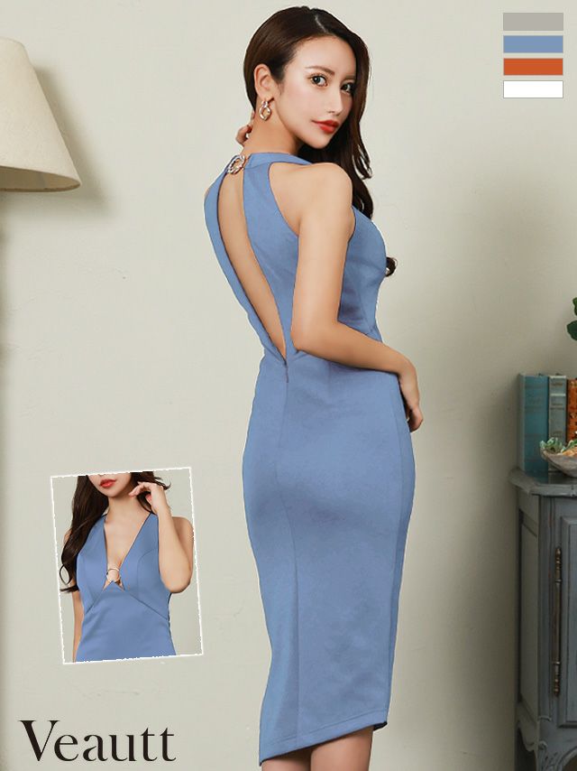 キャバドレス 膝丈ドレス [Veautt/ヴュート] 高級ノースリーブバストリングビジューネックリングジップスリット膝丈タイトドレス