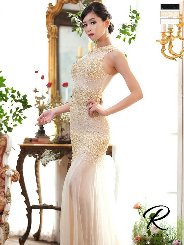 キャバドレス　ロングドレス [Angel-R/エンジェルアール] 高級ノースリーブフレアシアースパンコールビジュータイトロングドレス