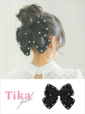 縁取りストーンレースビッグリボンバレッタヘア...