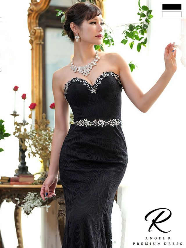 キャバドレス ロングドレス [Angel-R/エンジェルアール] 高級ベアトップバストストーンビジューバック編み上げ総レースフレアロングドレス