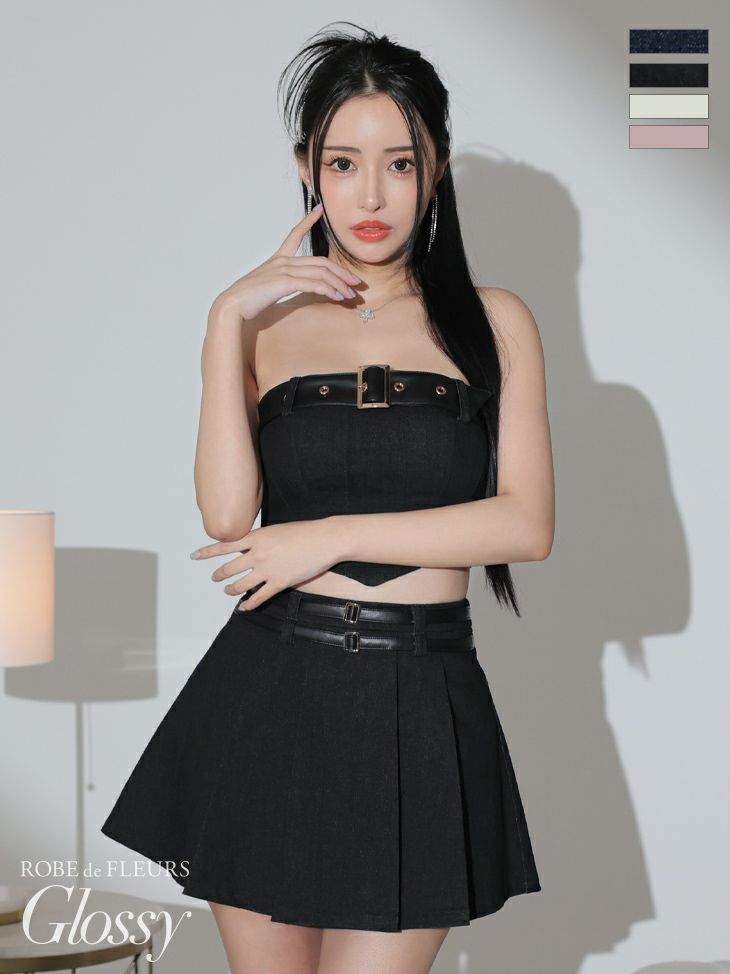 キャバドレス ミニドレス　[ROBEdeFLEURSGlossy/ローブドフルールグロッシー] 高級オフショルダーバックルダブルベルト２wayデニムセットアップフレアスカートフレアミニドレス