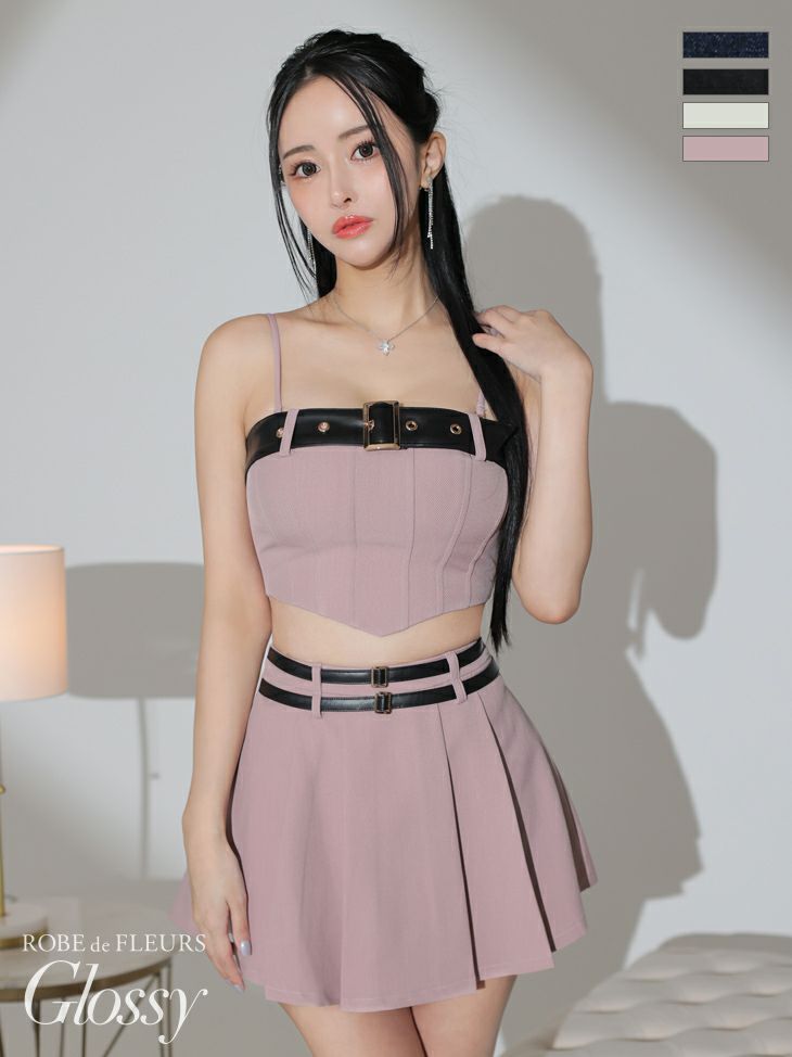 キャバドレス ミニドレス　[ROBEdeFLEURSGlossy/ローブドフルールグロッシー] 高級オフショルダーバックルダブルベルト２wayデニムセットアップフレアスカートフレアミニドレス