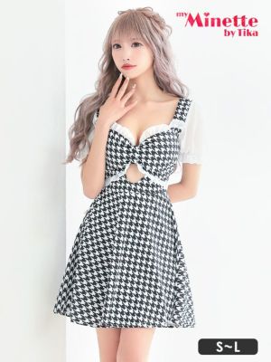 胸元フリルリボン千鳥格子柄ウエストカット半袖ミニドレス (Sサイズ～Lサイズ) (向葵まる/キャバドレス着用) [myMinette/マイミネット]