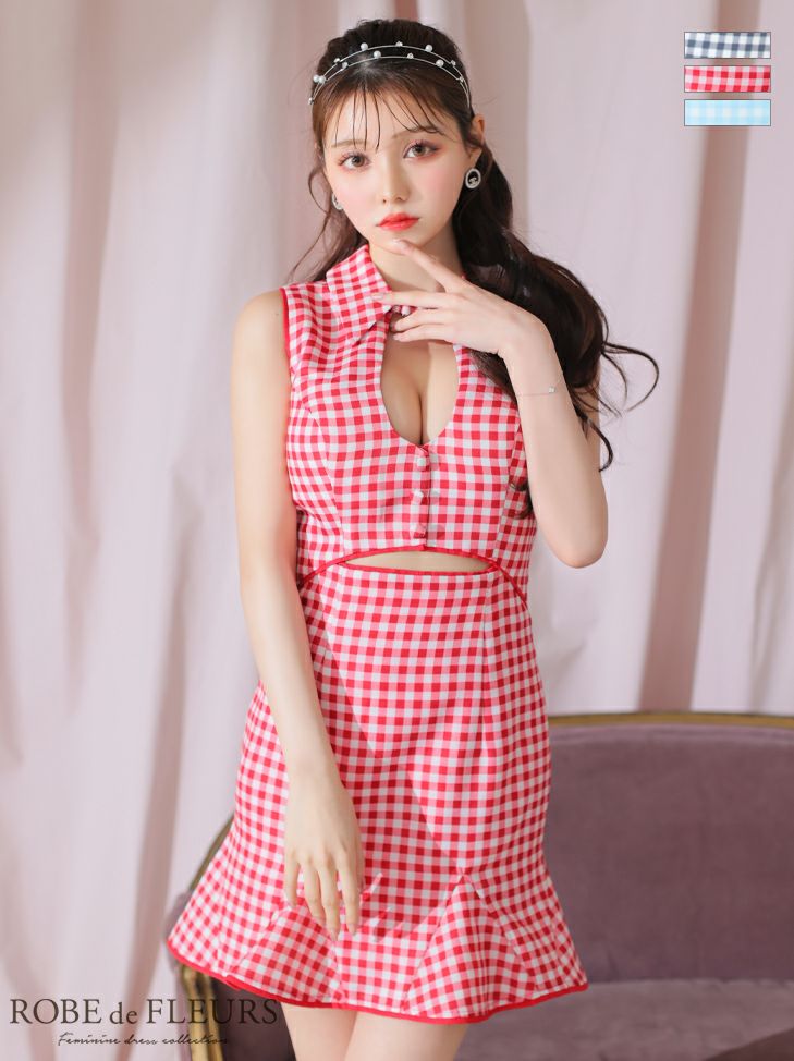 キャバドレス ミニドレス [ROBEdeFLEURS/ローブドフルール] 高級ノースリーブギンガムチェック柄ウエストカットスプリングツイード襟デザインフレアミニドレス