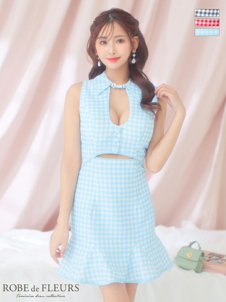 キャバドレス ミニドレス [ROBEdeFLEURS/ローブドフルール] 高級ノースリーブギンガムチェック柄ウエストカットスプリングツイード襟デザインフレアミニドレス