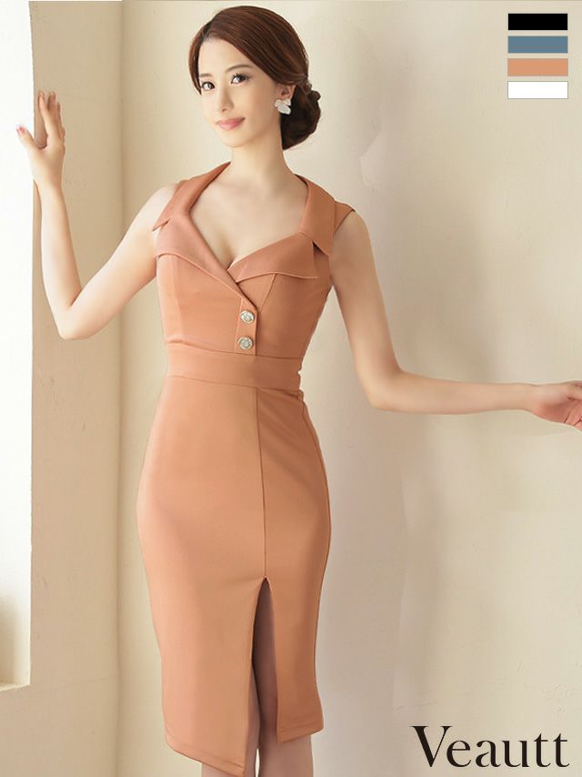 キャバドレス 膝丈ドレス [Veautt/ヴュート] 高級クロスダブルカラーノースリーブ襟デザインビジューボタンスリットタイト膝丈ドレス