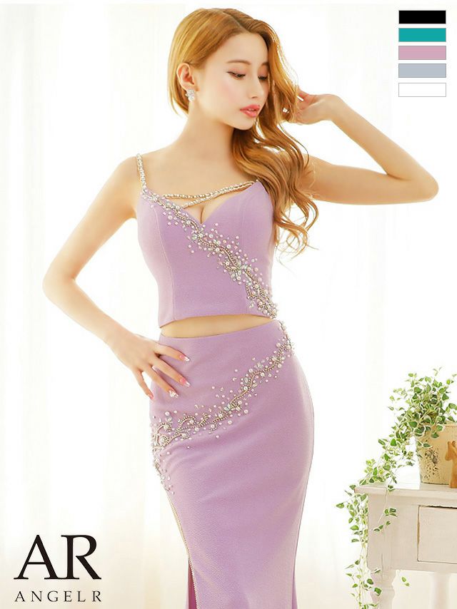 キャバドレス ロングドレス [Angel-R/エンジェルアール] 高級キャミソールパールビジューデコルテコードセットアップアシンメトリービジュースリットタイトロングドレス