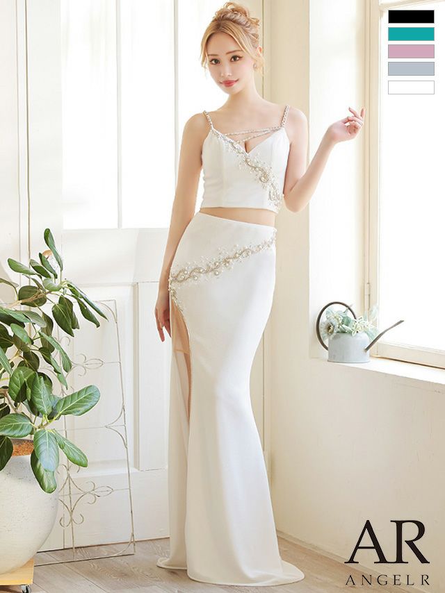 キャバドレス ロングドレス [Angel-R/エンジェルアール] 高級キャミソールパールビジューデコルテコードセットアップアシンメトリービジュースリットタイトロングドレス