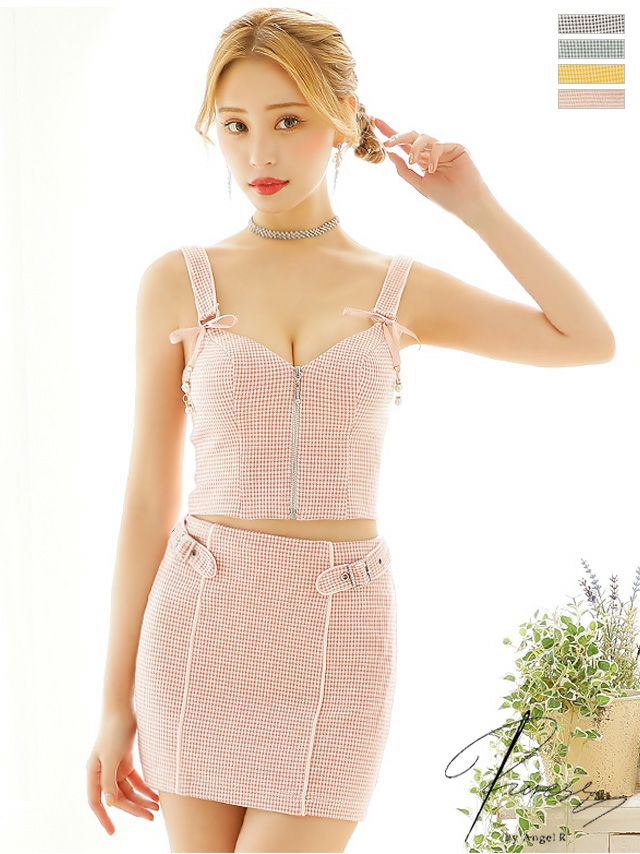 キャバドレス ミニドレス [PURESS/ピュアレス] 高級フロントジップノースリーブパールリボンウエストベルトチェック柄セットアップタイトミニドレス