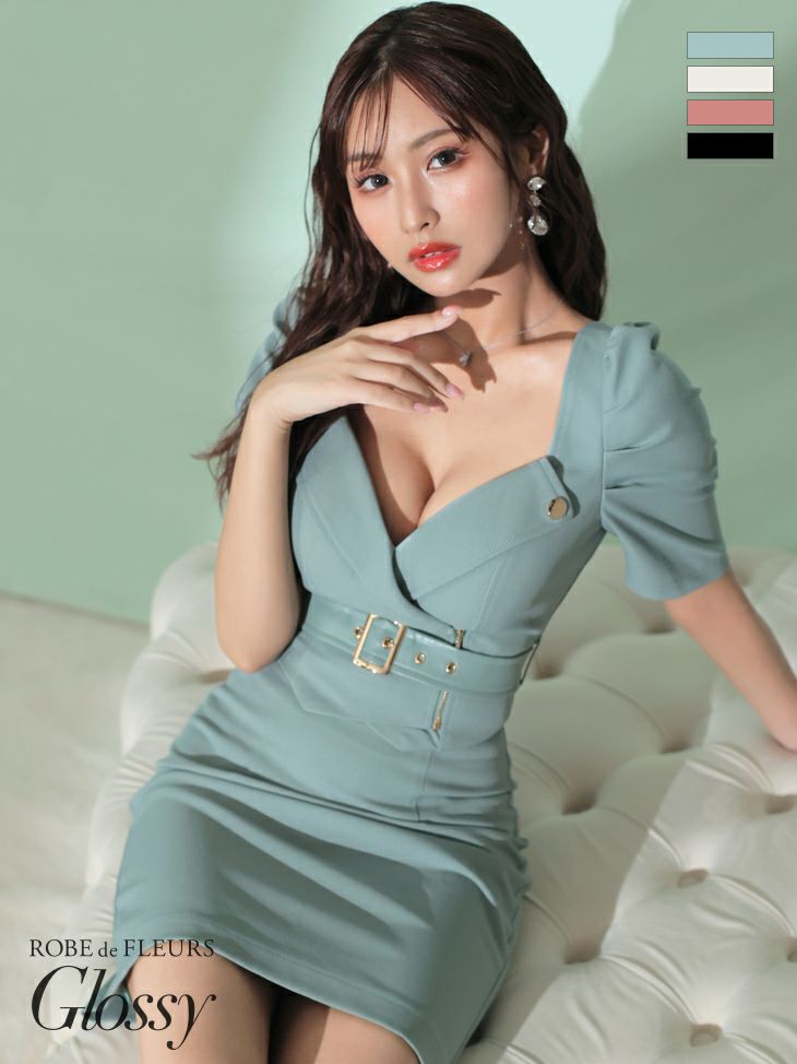 キャバドレス ミニドレス [ROBEdeFLEURSGlossy/ローブドフルールグロッシー] 高級襟デザインセットアップ半袖ウエストベルトパフスリーブタイトミニドレス