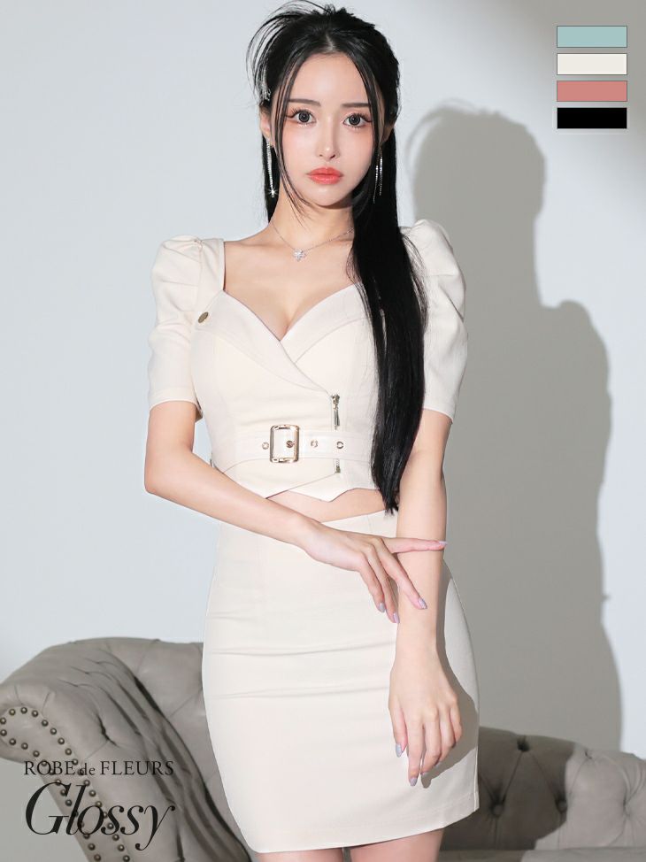 キャバドレス ミニドレス [ROBEdeFLEURSGlossy/ローブドフルールグロッシー] 高級襟デザインセットアップ半袖ウエストベルトパフスリーブタイトミニドレス