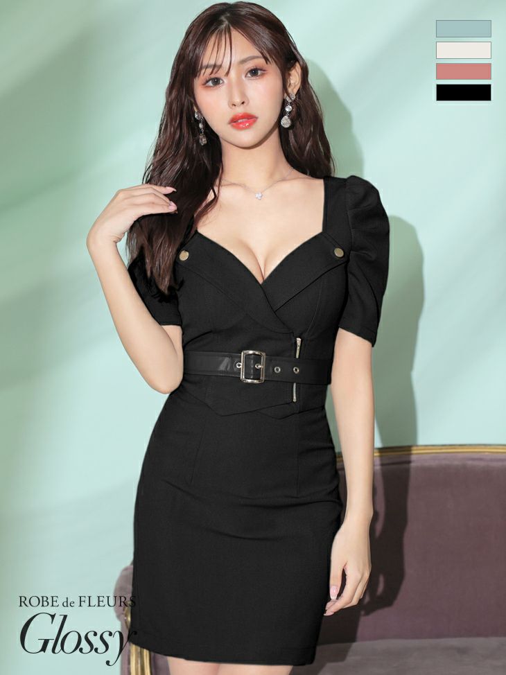 キャバドレス ミニドレス [ROBEdeFLEURSGlossy/ローブドフルールグロッシー] 高級襟デザインセットアップ半袖ウエストベルトパフスリーブタイトミニドレス