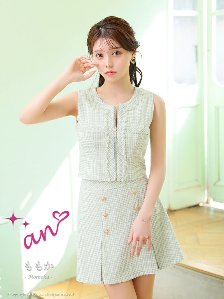 キャバドレス ミニドレス an/アン 高級チェック柄フロントジップセットアップノースリーブフレアミニドレス