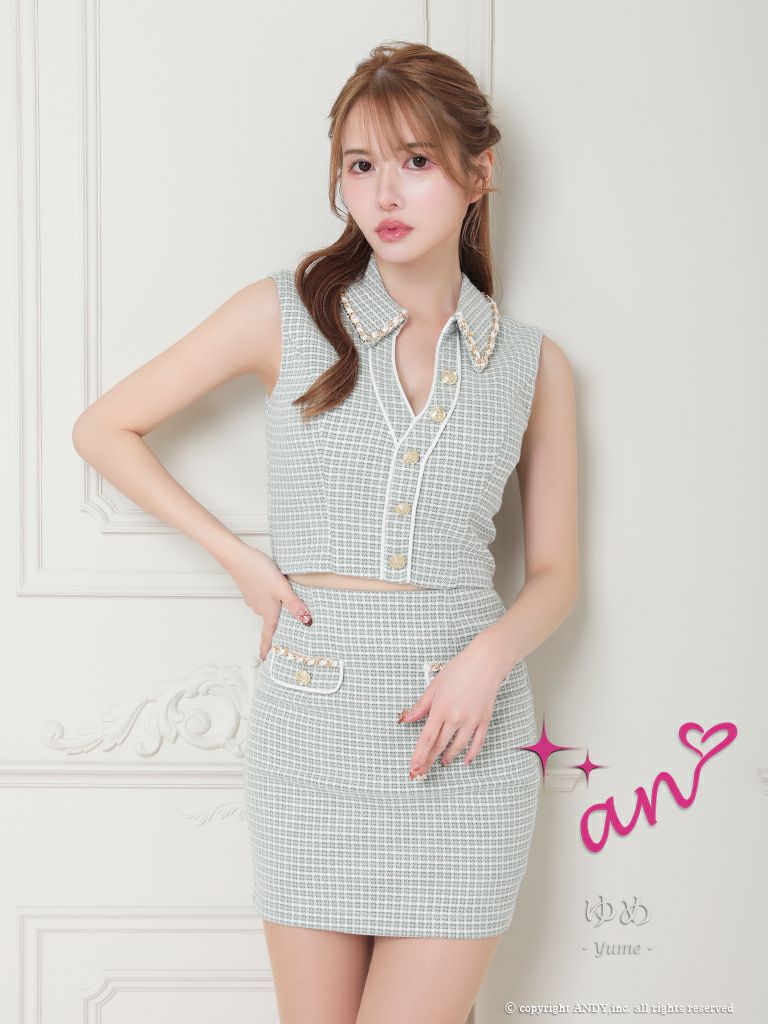 キャバドレス ミニドレス an/アン 高級ノースリーブ襟デザインチェック柄セットアップポケットデザインゴールドボタンタイトミニドレス