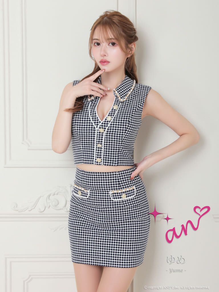 キャバドレス ミニドレス an/アン 高級ノースリーブ襟デザインチェック柄セットアップポケットデザインゴールドボタンタイトミニドレス