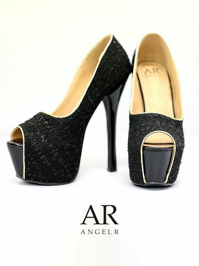 キャバヒール キラキラ ハイヒール Angel-R/エンジェルアール 高級キラキラスパンコールツイードパンプスオープントゥ厚底ハイヒール