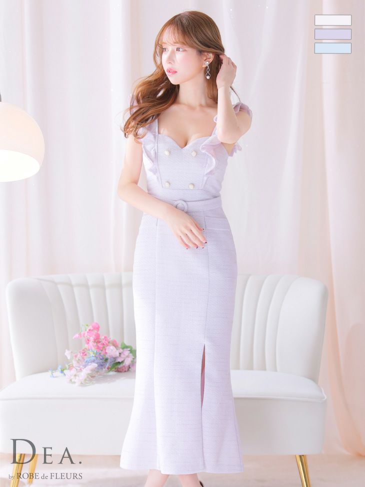 キャバドレス ロングドレス DEA.byROBEdeFLEURS/ディアバイローブドフルール 高級マーメイドツイードウエストベルト肩フリルダブルボタンスリットタイトロングドレス