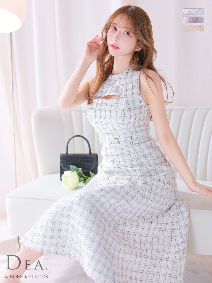 キャバドレス ロングドレス DEA.byROBEdeFLEURS/ディアバイローブドフルール 高級ノースリーブバストカットウエストベルトチェック柄ツイードフレアロングドレス