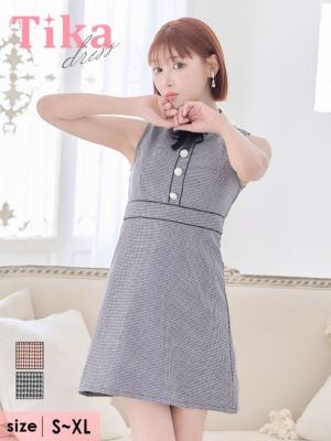 ネックリボン千鳥格子柄パールボタンパイピング...