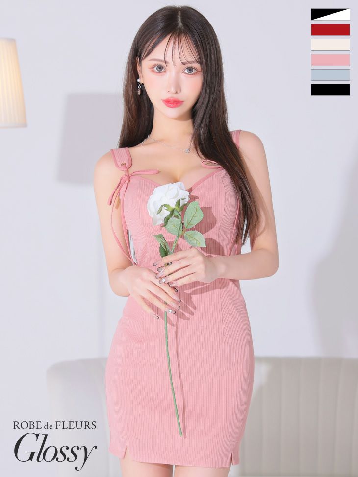 キャバドレス ミニドレス ROBEdeFLEURSGlossy/ローブドフルールグロッシー 高級ノースリーブダブルリボンワンカラースリットタイトミニドレス