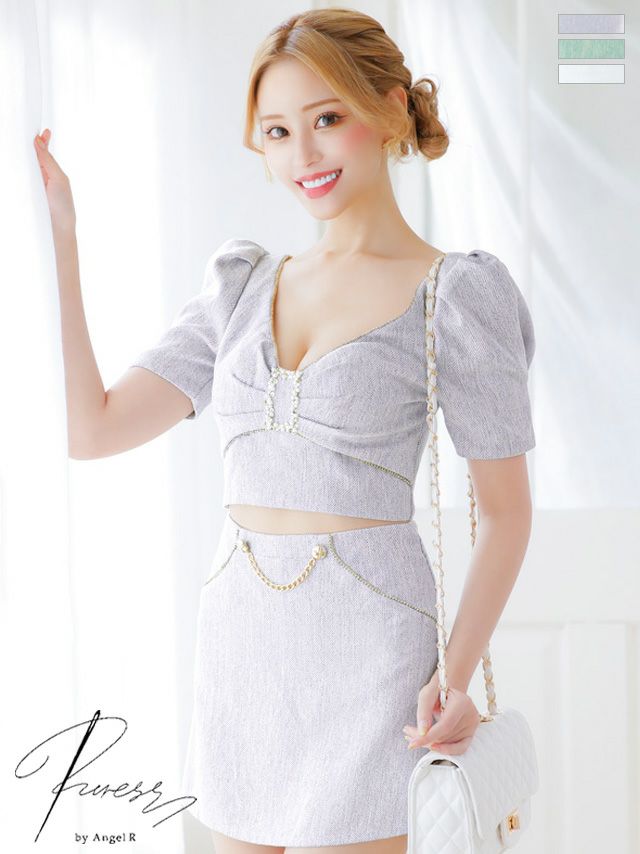 キャバドレス ミニドレス PURESS/ピュアレス 高級半袖ツイードバストパールビジューチェーンボタンパフスリーブウエストカットフレアミニドレス