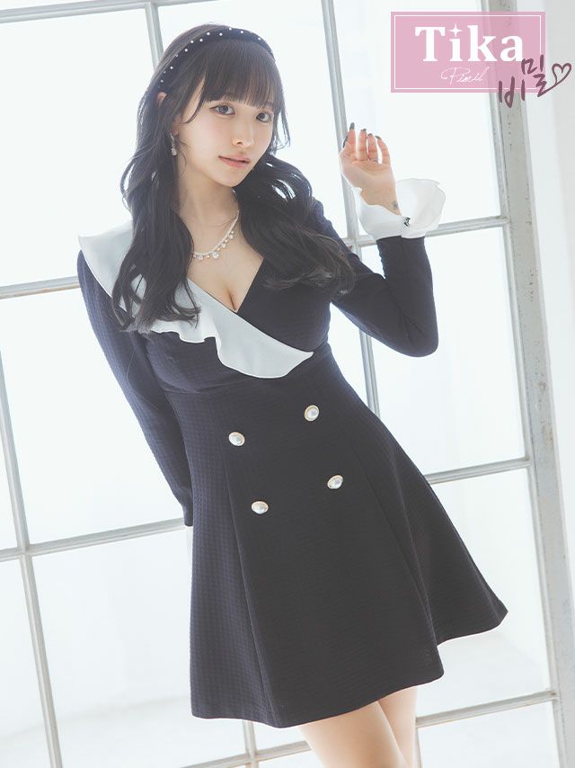 キャバドレス ミニ丈 大きいサイズ 韓国 ワンピース Aライン ミニドレス フレア 袖あり 長袖 モノトーン ワンピ キャバクラ ラウンジ