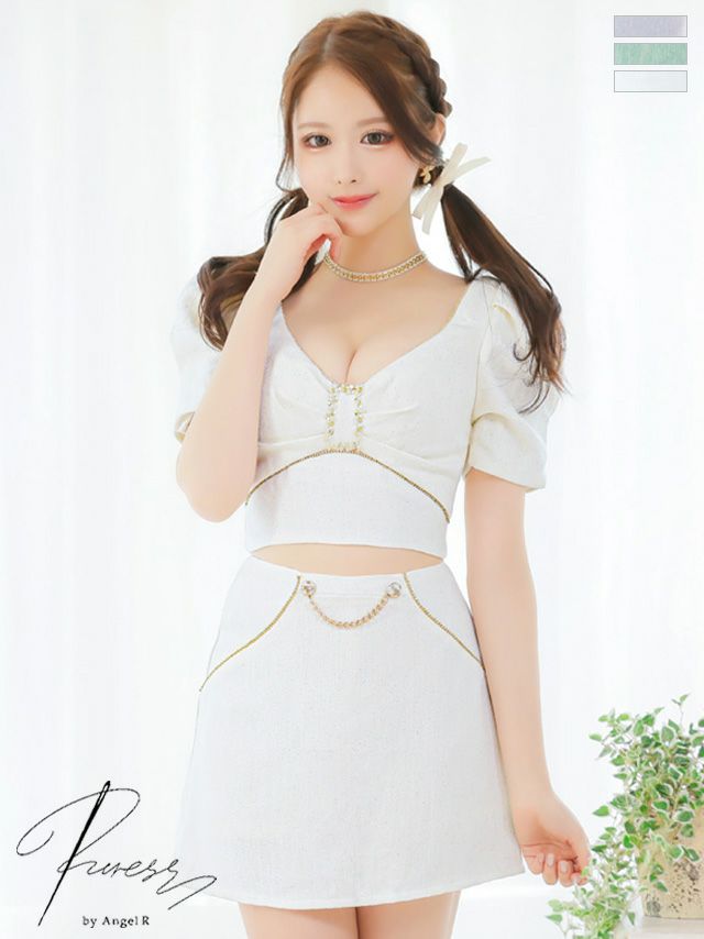 キャバドレス ミニドレス PURESS/ピュアレス 高級半袖ツイードバストパールビジューチェーンボタンパフスリーブウエストカットフレアミニドレス