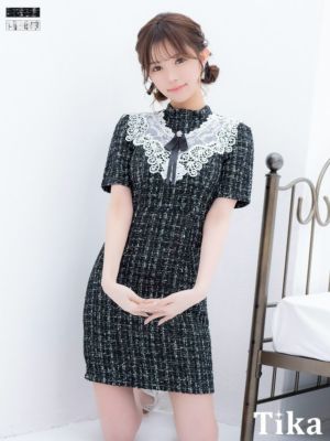 ネックリボン フラワーレース 半袖 ツイード チェック柄 タイトミニドレス (Sサイズ～XXLサイズ) (聖菜/キャバドレス着用)