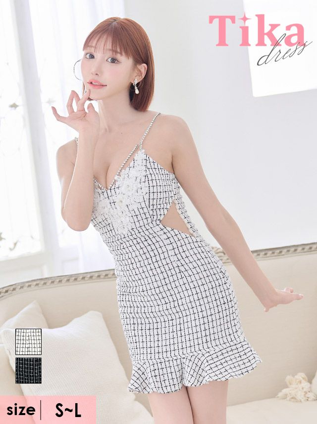 キャバドレス ミニ丈 大きいサイズ キャミ タイト ミニドレス ツイード ワンピース キャバクラ スナック ラウンジ チェック柄