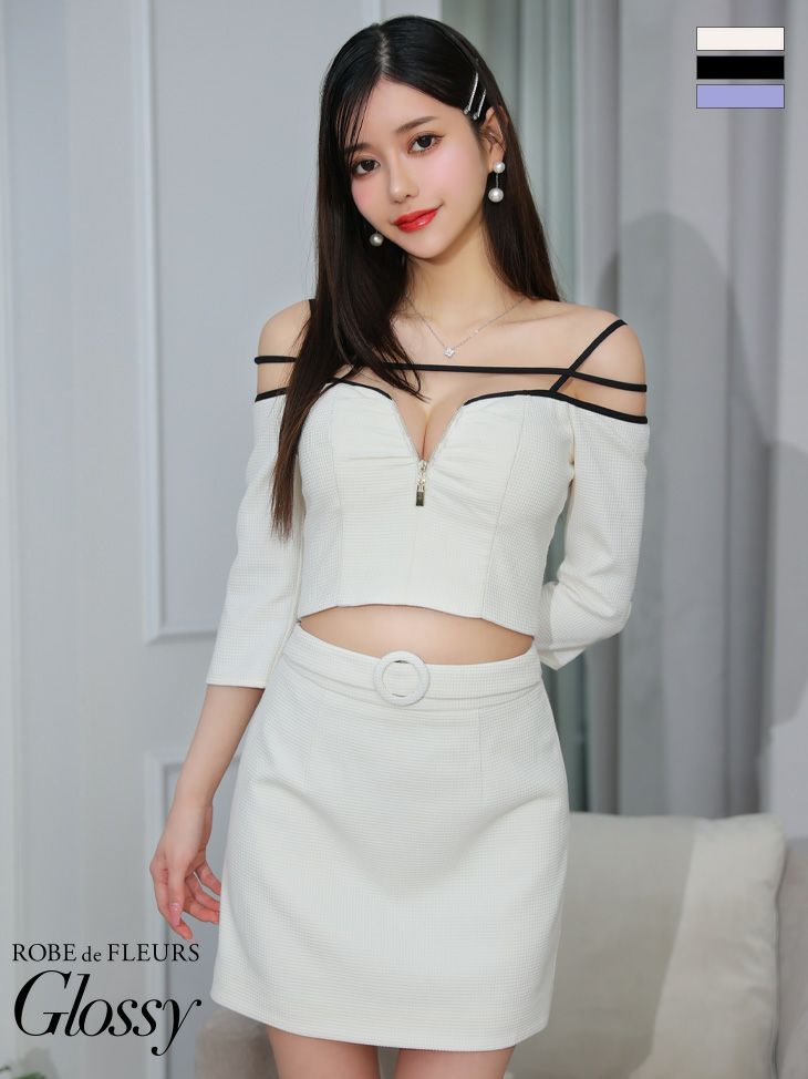 キャバドレス ブランド ROBEdeFLEURSGlossy ローブドフルールグロッシー 高級オフショルダージップウエストベルト袖ありセットアップタイトミニドレス