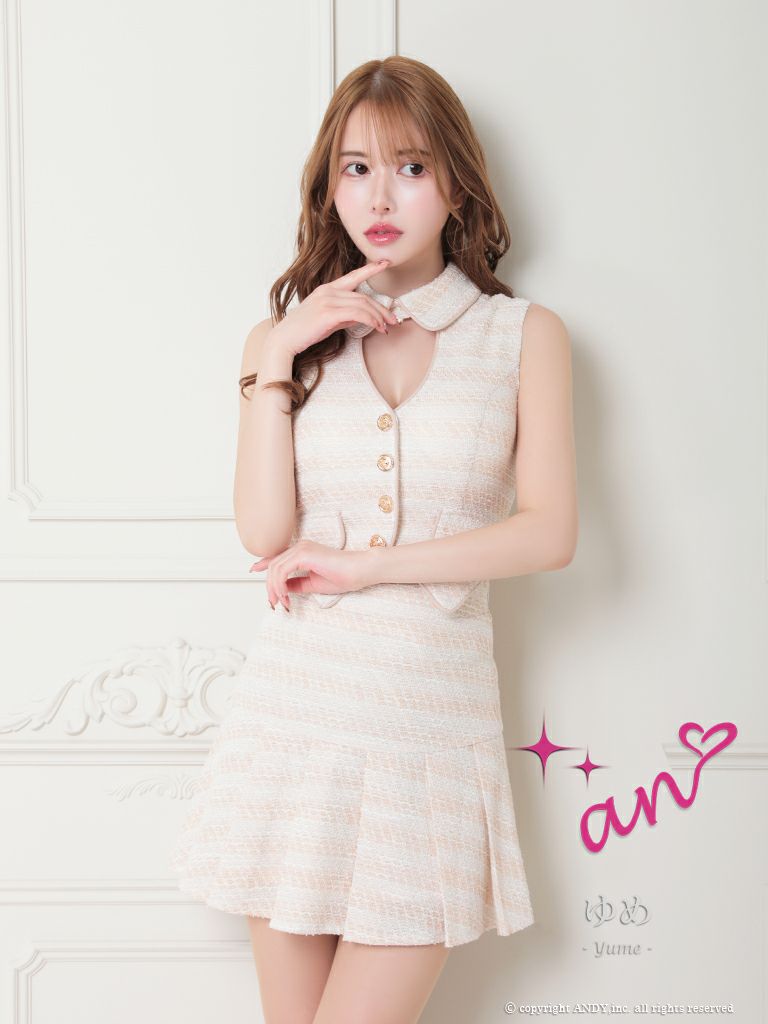 キャバドレス ミニドレス an アン 高級ノースリーブ襟デザインセットアッププリーツフレアミニドレス