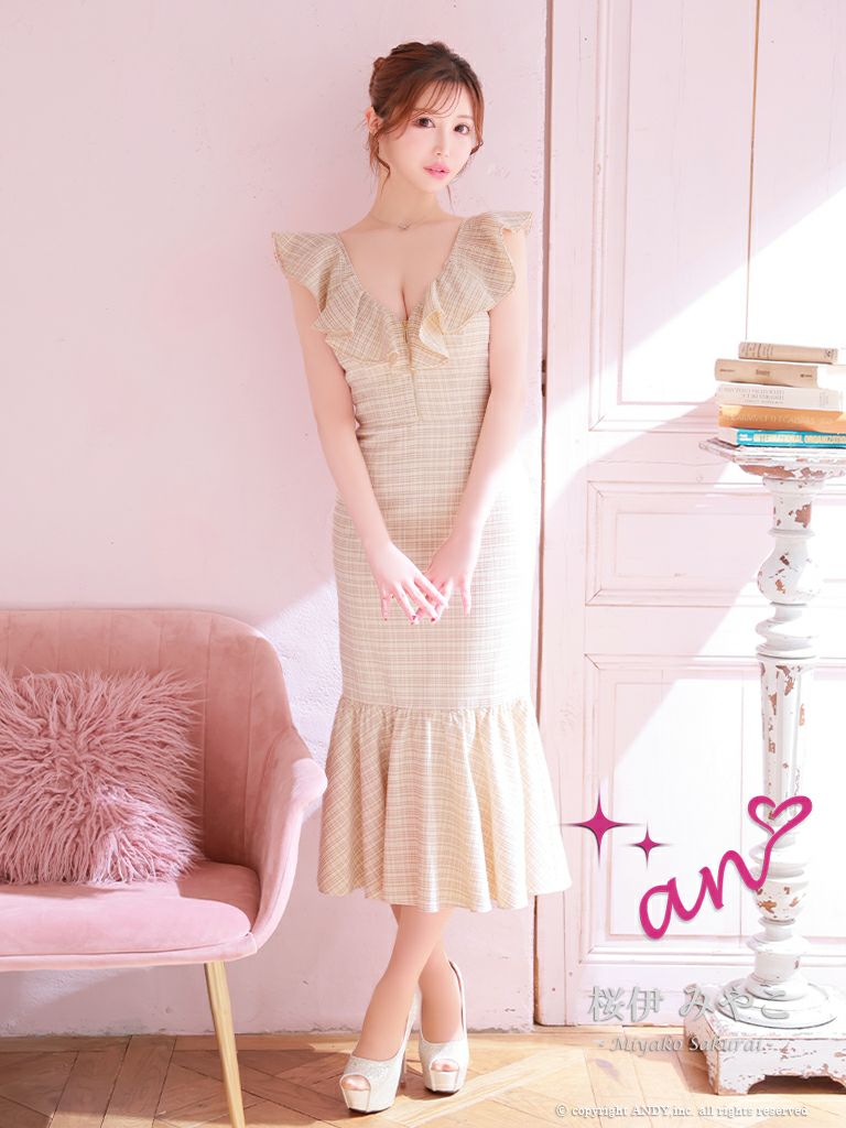 キャバドレス ロングドレス an アン 高級チェック柄フロントジップ胸元フリルノースリーブマーメイドロングドレス