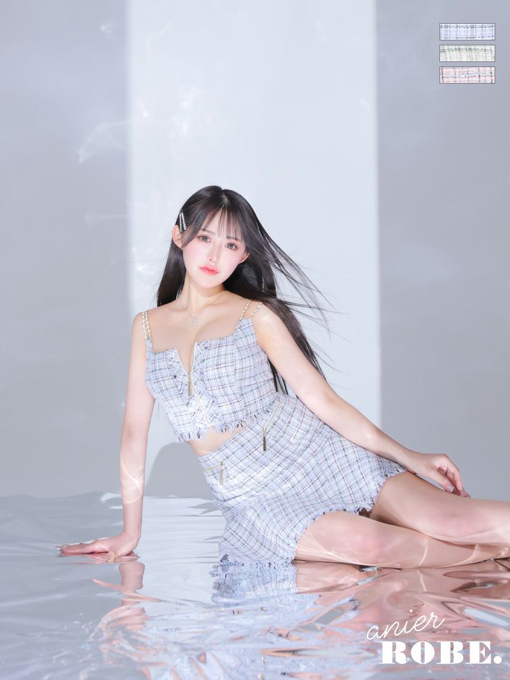 キャバドレス ブランド anier.ROBE アニエルローブ 高級ツイードチェック柄キャミソールフロントジップセットアップフレアミニドレス
