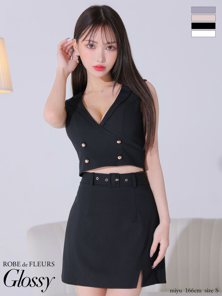 キャバドレス セットアップ ROBEdeFLEURSGlossy/ローブドフルールグロッシー 高級ウエストベルト襟デザインワンカラーノースリーブボタンセットアップタイトミニドレス