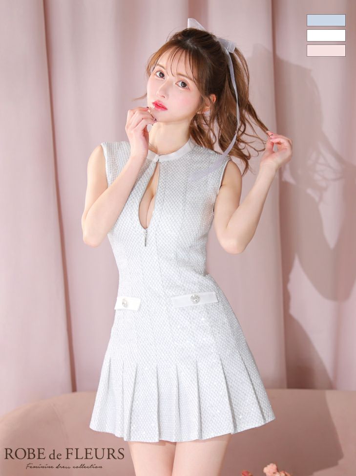 キャバドレス ジップ ROBEdeFLEURS ローブドフルール 高級ノースリーブツイードジップボタンスパンコールプリーツスカートフレアミニドレス
