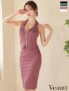 キャバドレス 小さいサイズ Veautt ヴュート 高級ジップワンカラーホルターネック襟デザインジップ膝丈ドレス