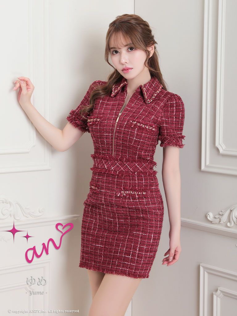 キャバドレス ミニドレス an アン フロントジップ半袖チェックツイードタイトミニドレス