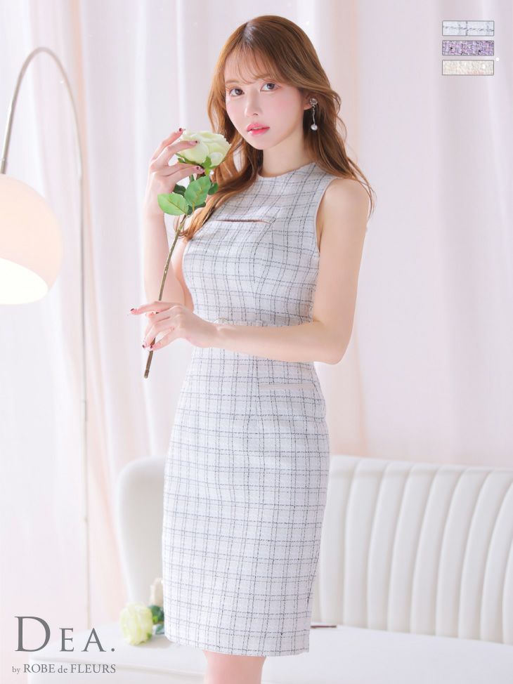 キャバドレス ブランド DEA.byROBEdeFLEURS ディアバイローブドフルール 高級ツイードバストカットウエストベルトノースリーブタイト膝丈ドレス