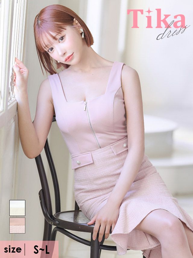 キャバドレス 膝丈 大きいサイズ ミディアムドレス テールドレス ワンピース ノースリーブ ジップ