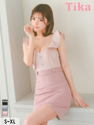 キャミソール フリル袖 ギンガムチェック柄 切り替え ラップ タイトミニドレス (Sサイズ～XLサイズ) (聖菜/キャバドレス着用)