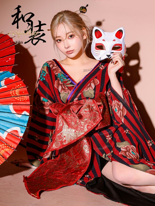 コスプレ ハロウィン 花魁 着物 和装 コスチューム 衣装 ドレス ロング丈 ストライプ 赤 花柄