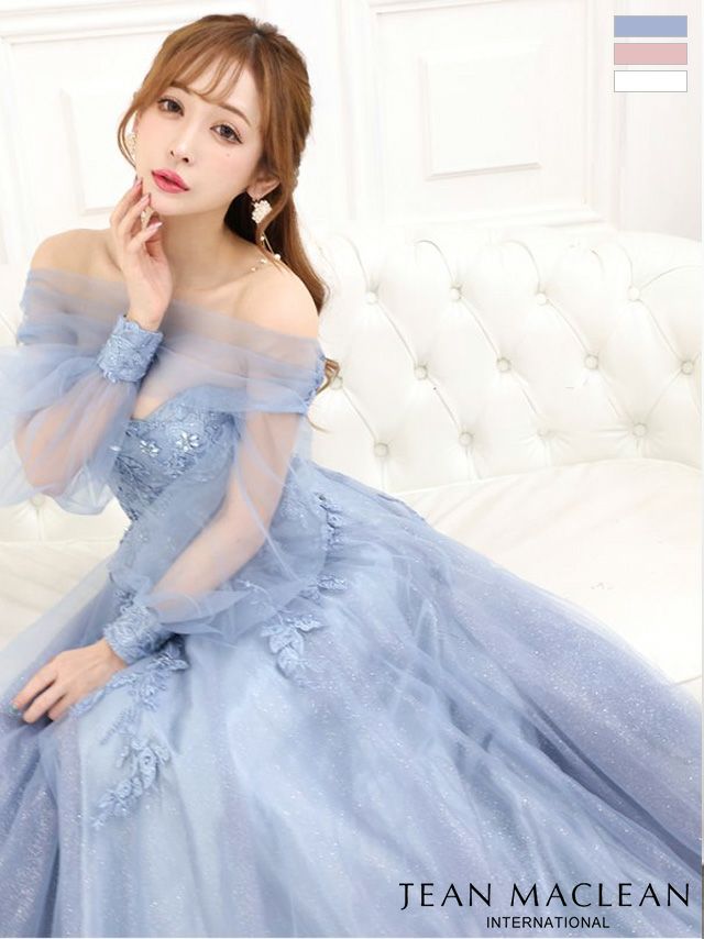 キャバドレス ブランド JEANMACLEAN ジャンマクレーン 高級パフスリーブ付きフラワーモチーフベアトップくびれ袖ありチュールフレアバースデーAラインロングドレス