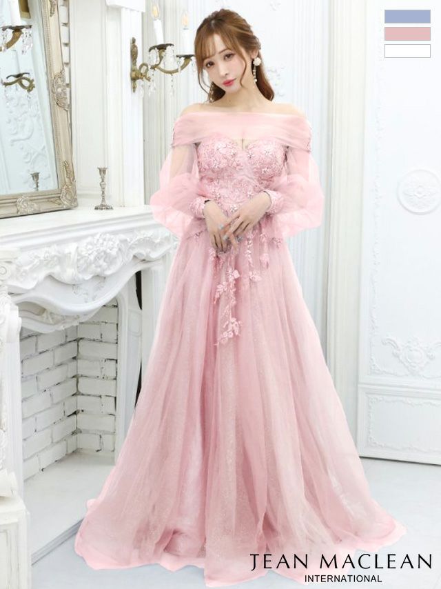 キャバドレス ブランド JEANMACLEAN ジャンマクレーン 高級パフスリーブ付きフラワーモチーフベアトップくびれ袖ありチュールフレアバースデーAラインロングドレス