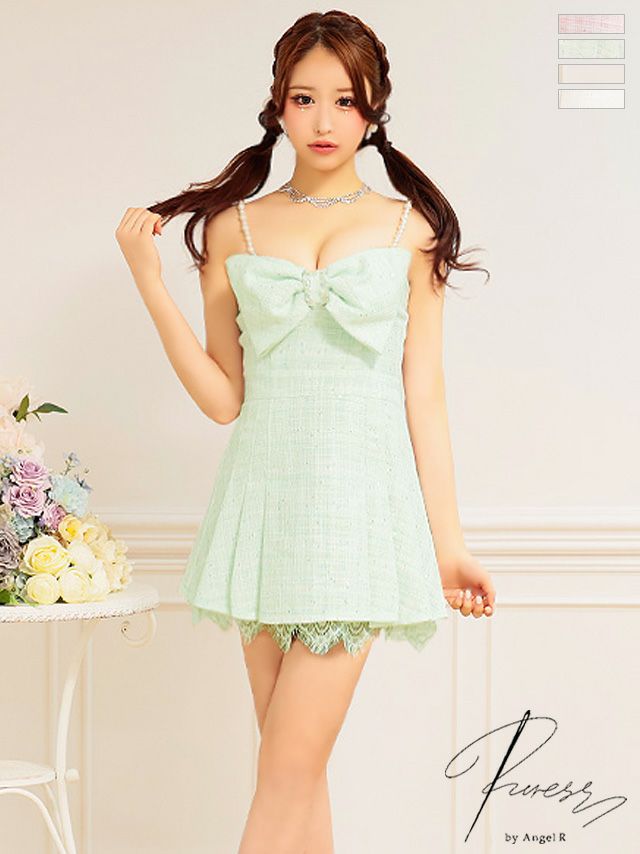 キャバドレス 可愛い PURESS ピュアレス 高級ツイードレースパールビックリボンキャミソール2wayフレアミニドレス