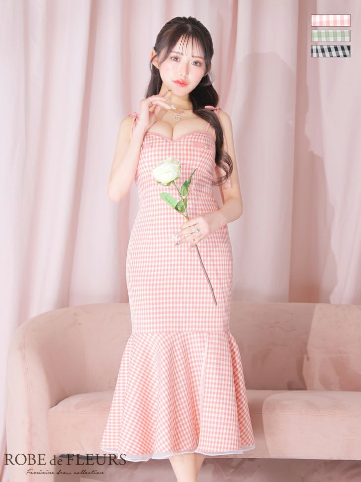 キャバドレス ブランド ROBEdeFLEURS ローブドフルール 高級ショルダーリボンキャミソールギンガムチェック柄タイトマーメイドロングドレス